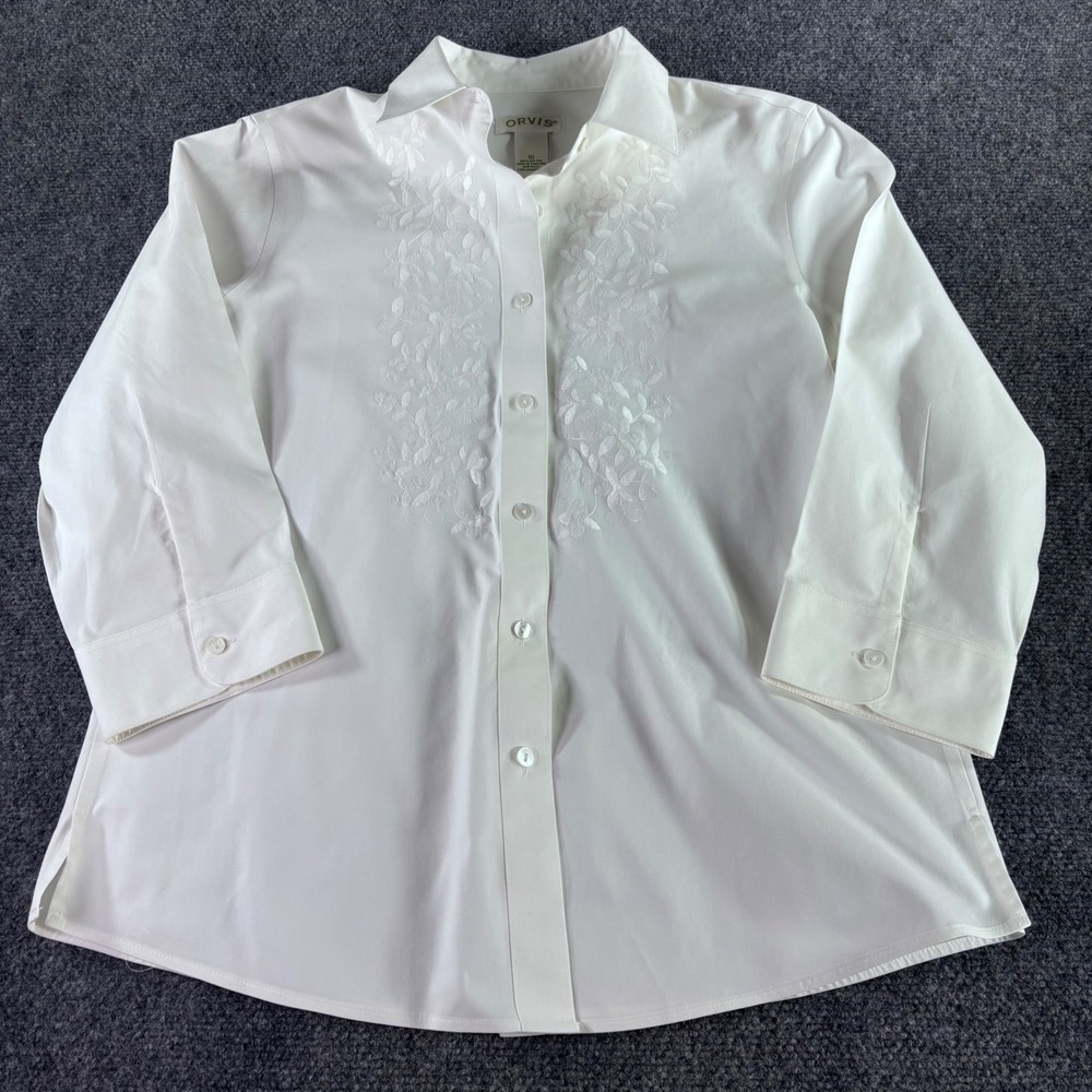 Orvis Button Down‎ Shirt Womens 10 White Floral Embroidered 3/4 Sleeve Cotton